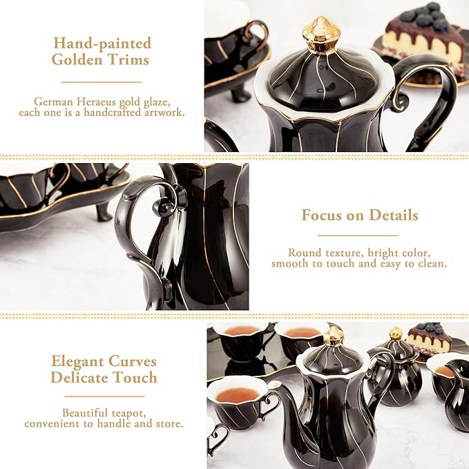 DUJUST British Style Porcelain Teapot (40oz), Luxury Ceramic Teapot with Golden Trim, Food Grade Teapot with Built-in Filter, for Tea Party & Home Décor - Black