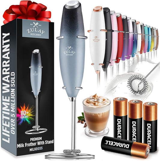 Zulay Kitchen Powerful Milk Frother Wand With 4 AA Duracell Batteries - Ultra Fast Handheld Drink Mixer - Electric Whisk Foam Maker for Coffee, Lattes, Cappuccino, Matcha & Creamer