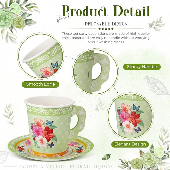 Nuogo 200 Pcs Floral Paper Tea Cups and Saucers 7 oz Disposable Tea Party Decorations Vintage Cute Paper Cups and Plates with Handles for Girls Wedding Baby Bridal Shower, Serve 100 (Green)