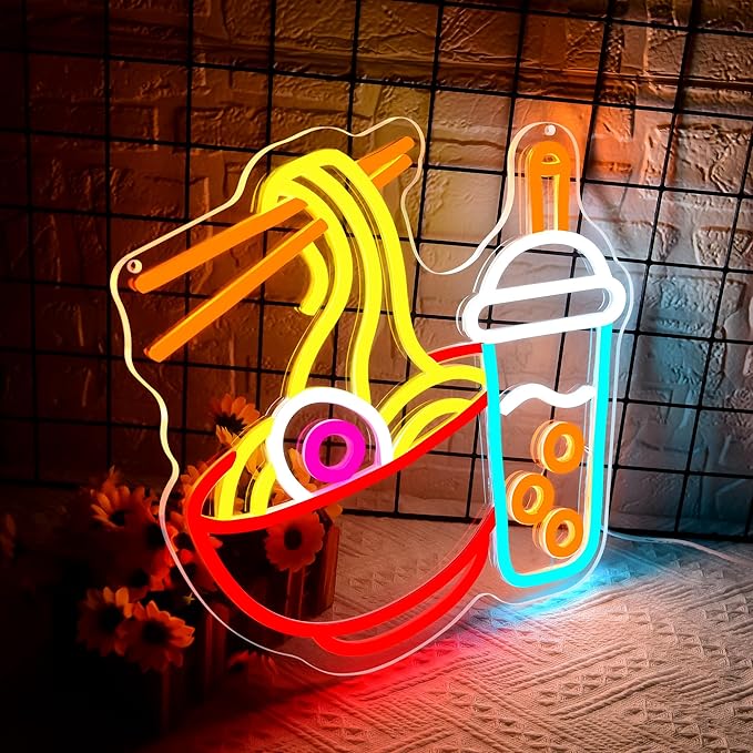 Ramen Neon Signs for Wall Decor Dimmable Noodles Light Up Sign Japanese Wall Decor for Kitchen Restaurant Bar Juice Shop Japanese LED Wall Art for Market Bedroom Party Gifts Size 13.8 * 12.8in(P037)