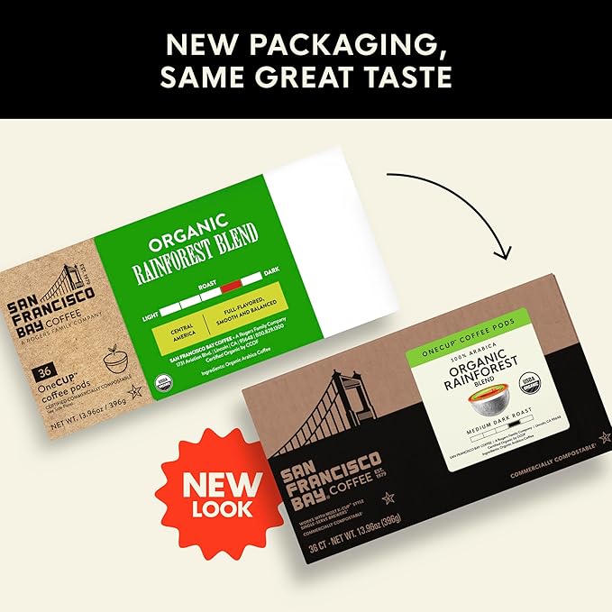 San Francisco Bay Coffee - OneCUP Organic Rainforest Blend 36 Ct Medium Dark Roast Compostable Coffee Pods, K Cup Compatible including Keurig 2.0