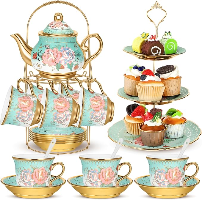 21 Pcs Ceramic Teapot Set Vintage Porcelain Tea Cups with Metal Holder and High Tier Cupcake Stand Saucers for Women Girls Farmhouse European Weddings Party Decor Gifts(Green,Summer)