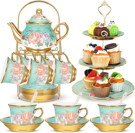 21 Pcs Ceramic Teapot Set Vintage Porcelain Tea Cups with Metal Holder and High Tier Cupcake Stand Saucers for Women Girls Farmhouse European Weddings Party Decor Gifts(Green,Summer)