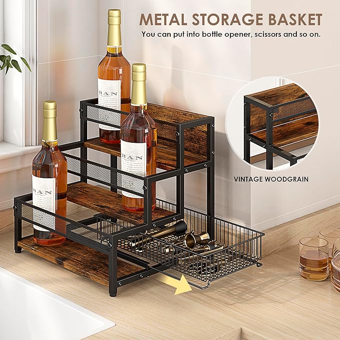 LOTEYIKE 3 Tier Coffee Syrup Rack Organizer, 12 Water Bottles Holder Stand Liquor Cabinet Storage, Wine Rack Countertop Storage Rack Coffee Bar Cabinet for Kitchen