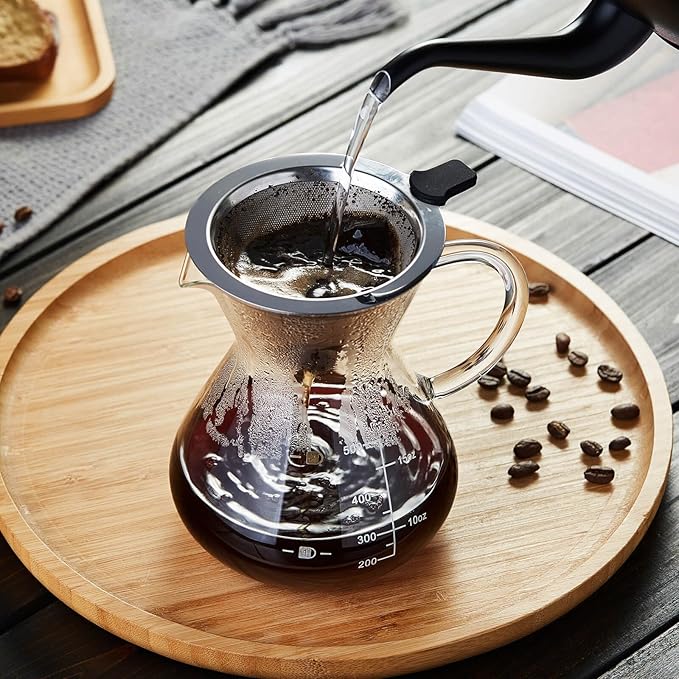 Unbreakable - Pour Over Coffee Maker with Double Stainless Filter 17oz, Thickened Heat-Resistant Borosilicate Glass Dripper Coffee Pour Over, Stovetop Safe