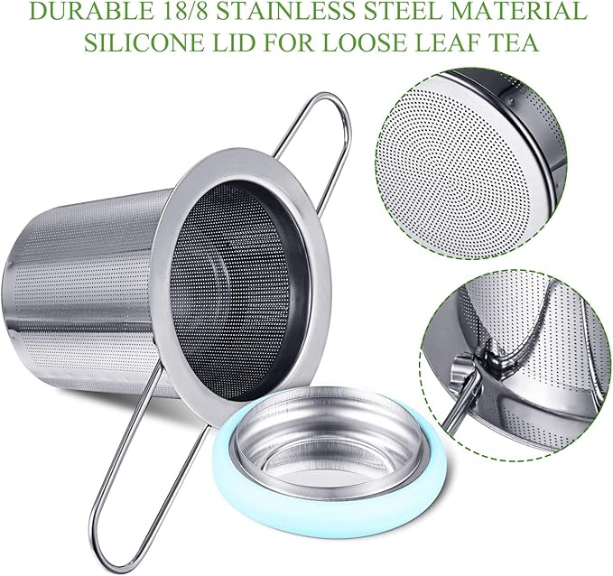 2 Pieces Tea Infusers Stainless Steel Strainer Folding Handle Filter Extra Filter Fine Mesh Strainer Brewing Basket with Lid for Loose Leaf Tea