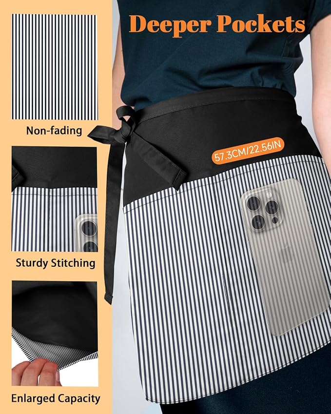 Slohif Reversible Server Apron 6 Pockets - Waist Apron for Waitress Women Half Serving Short Apron for Waiter - Image 5
