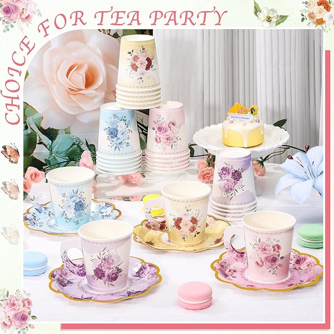 24 Sets Disposable Paper Tea Cups 7 OZ Floral Tea Party Cups with Handle and Plates Teacups and Saucer Sets for Mother's Day Baby Bridal Shower Birthday(Watercolor Style)