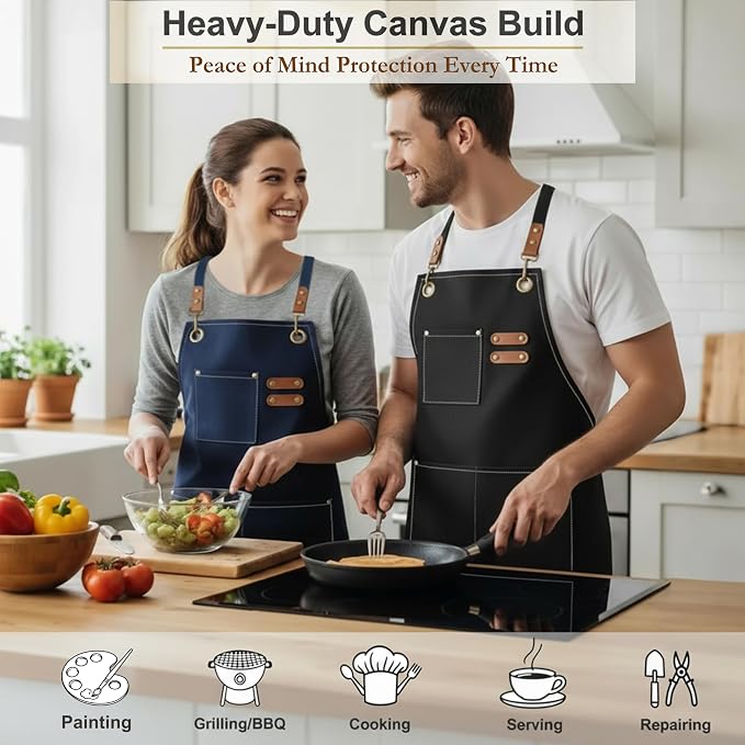 Aprons for Men Women with 3 Pockets, 16oz Cotton Canvas Chef Apron | Crossback Heavy Duty Kitchen Apron for Cooking, Durable Work Apron for Grilling, Baking, Hairstylist, Bartender, Barista, Art - Image 3