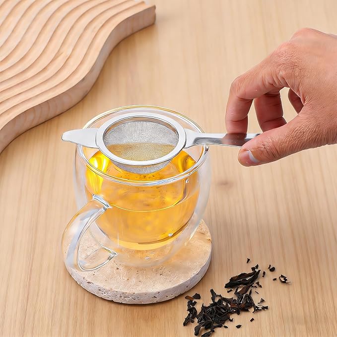 2 Pcs 2.36 Inch Mini Matcha Sifter, 30 Fine Mesh Stainless Steel Tea Strainer Dual-Use Matcha Sifter with Drip Cup for Loose Tea Coffee(silver)