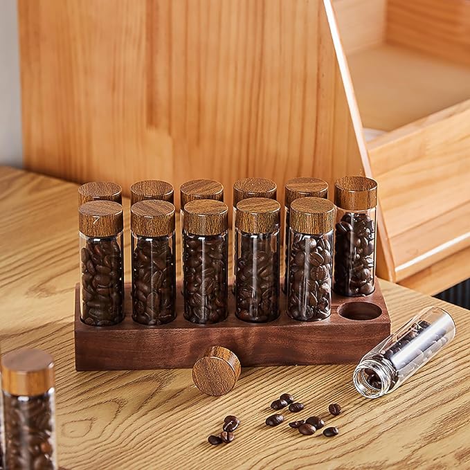 Coffee Bean Storage,Coffee Storage Container with Walnut Solid Wood Base,Coffee Bean Container,12 Tubes Single Dose with Wooden Holder(Type 1)
