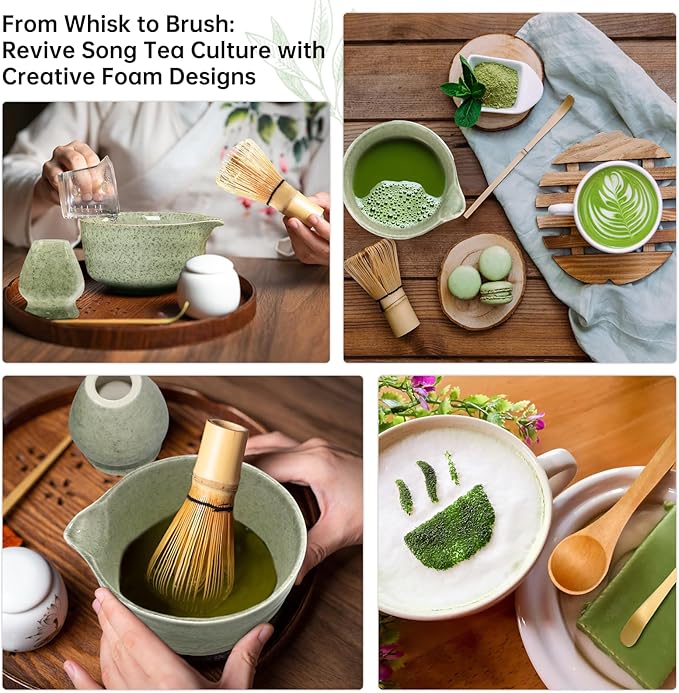 Matcha Whisk Set Green 6PCS Matcha Whisk and bowl(Chawan) With Matcha Spoon and sifter Matcha Kit for Ceremony Matcha Tea Set Gift for Matcha Lovers