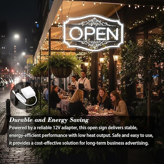22" x 13" Open Sign for Business, LED Dimmable Neon Open Sign with 12V/2A Adapter, White, Bright LED to Light Up Storefronts, Windows & Walls