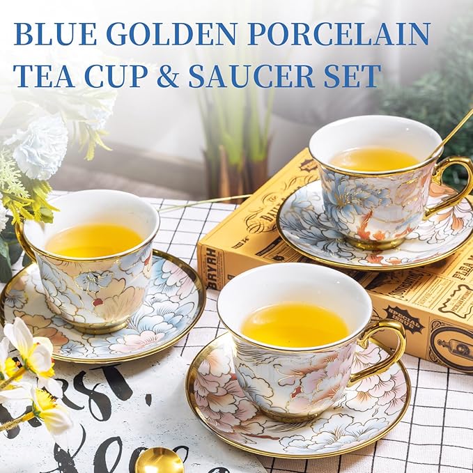 8 OZ Tea Cups and Saucers, 18 PCS Ceramic Vintage Tea Cups Set of 6, Blue Floral Cup Bulk for Cappuccino Coffee Espresso Lattes Afternoon Tea Housewarming Party Supply Thanksgiving Christmas Gifts