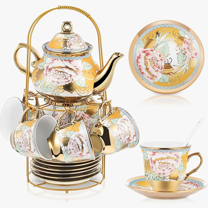 Zhehao 20 Pcs Porcelain Tea Set with Metal Holder and Spoon Adult Ceramic Tea Set European Flower Painting Teapot Cup Saucer Spoon for Women, Large Version(Classic Style)
