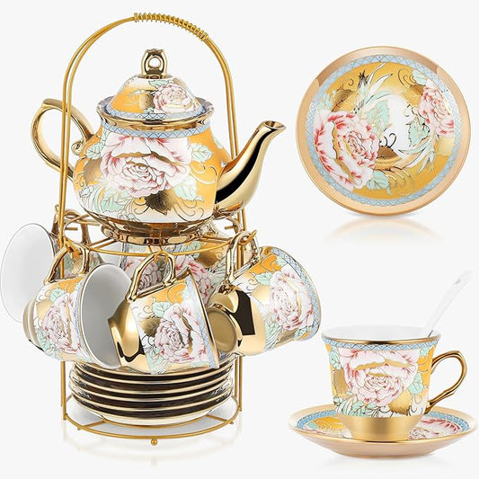 Zhehao 20 Pcs Porcelain Tea Set with Metal Holder and Spoon Adult Ceramic Tea Set European Flower Painting Teapot Cup Saucer Spoon for Women, Large Version(Classic Style)