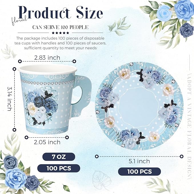 200 Pcs Floral Paper Tea Cups and Saucers 7 oz Disposable Tea Party Decorations Vintage Cute Paper Tea Cups and Plates with Handles for Girls Wedding Baby Bridal Shower Birthday, Serve 100(Blue)
