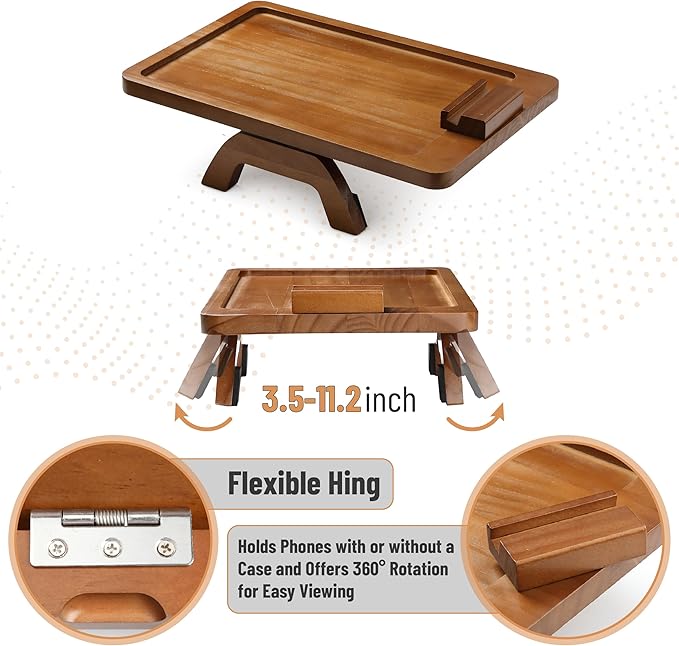 BAMBOO LAND- Couch Arm Tray, Wooden Folding Couch Armrest Table, Rectangular Clip-On Sofa Arm Tray with 360° Rotating Phone Holder
