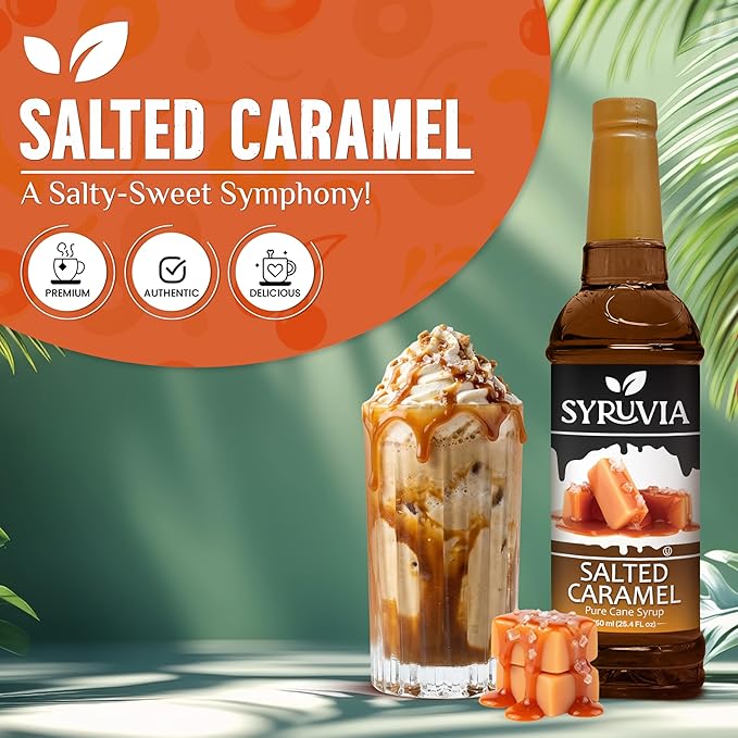 Syruvia Coffee Syrup, Salted Caramel Flavored Syrup for Drinks, Lattes, and Desserts – 25.4 fl oz