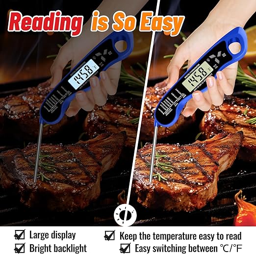 Stocking Stuffers for Men Women Adults: Meat Thermometer, IP67 Waterproof Digital Meat Thermometer with Backlight, Hold Function & Magnet for Grill, BBQ, Candy, Beef,Turkey