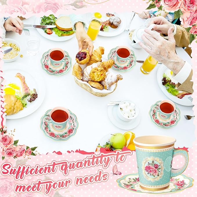 Tioncy 100 Pcs Tea Party Decorations Include 50 Pieces 9 oz Paper Tea Cups with Handle and 50 Plates Disposable Teacups and Saucers Sets for Birthday(Blue Floral)