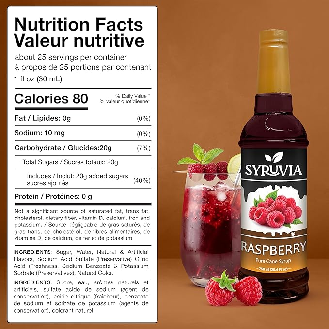 Syruvia Raspberry Syrup, Flavored Syrup for Drinks, Cocktails, Lemonades, Iced Teas, and Desserts – 25.4 fl oz, With Pump