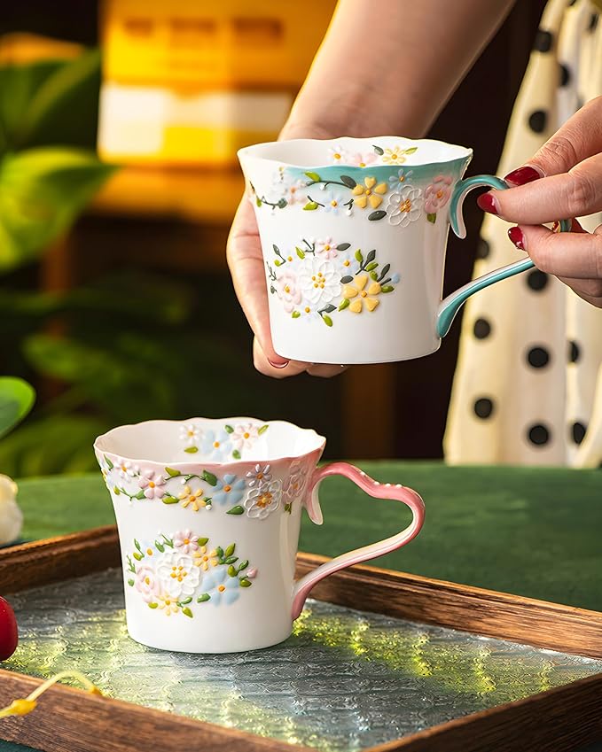12oz Embossed Floral Ceramic Coffee Mug – Handcrafted Cottagecore Cup with Blue-Green Heart Handle and Wavy Rim, Dishwasher & Microwave Safe, Romantic Gift Mug for Her