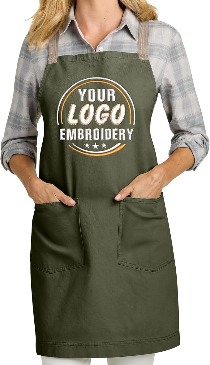 TEEAMORE Custom Apron with Pockets for Women Men Add Your Text Logo Chef Kitchen Cotton Adjustable Crossback Straps by Teeamore