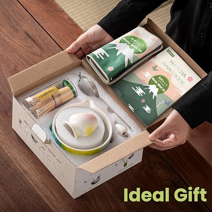 Clay&Fire Matcha Whisk Set，9 Pcs Ceramic Matcha Set, 15 OZ Matcha Bowl with Spout and Whisk，Matcha Kit for Friend, Ideal Gift for Matcha Lover（Sugar）