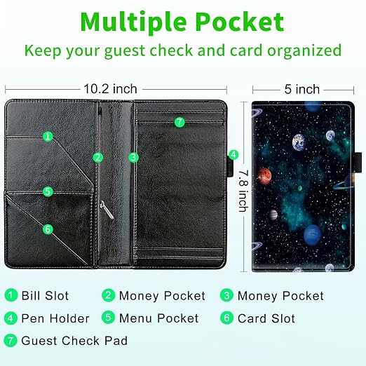 Server Books for Waitress, with 7 Large Pockets, Waiter Serving Book, Waitstaff Server Order Pads, Cute PU Leather Server Book with Pen Holder Fit Server Apron, Planets - Image 3