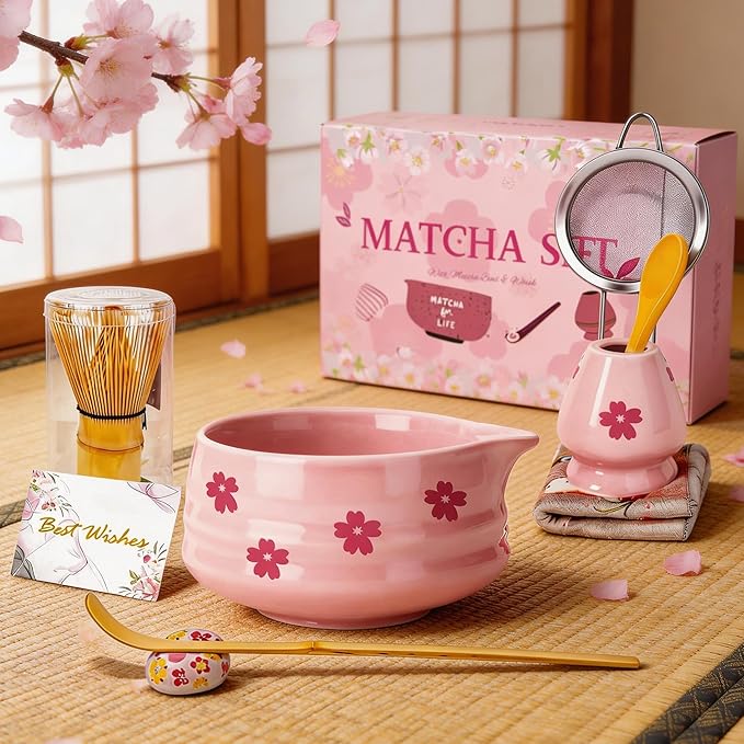 8Pcs Cute Ceramic Matcha Set with Whisk Bowl, Matcha Tea Kit Holder, Bamboo Scoop, Sifter, Towel Included, Valentine's Mother's Day Gift for Matcha Lover Women (Pink Sakura)