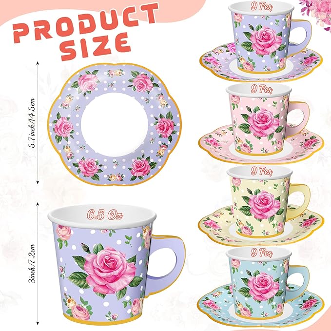 Umigy 36 Sets Tea Party Decorations 6.5 oz Floral Paper Tea Cups with Handle and Plates Disposable Blossom Teacups and Saucers Sets for Girls Kids Birthday Garden Wedding Party Supplies(Mixed Color)