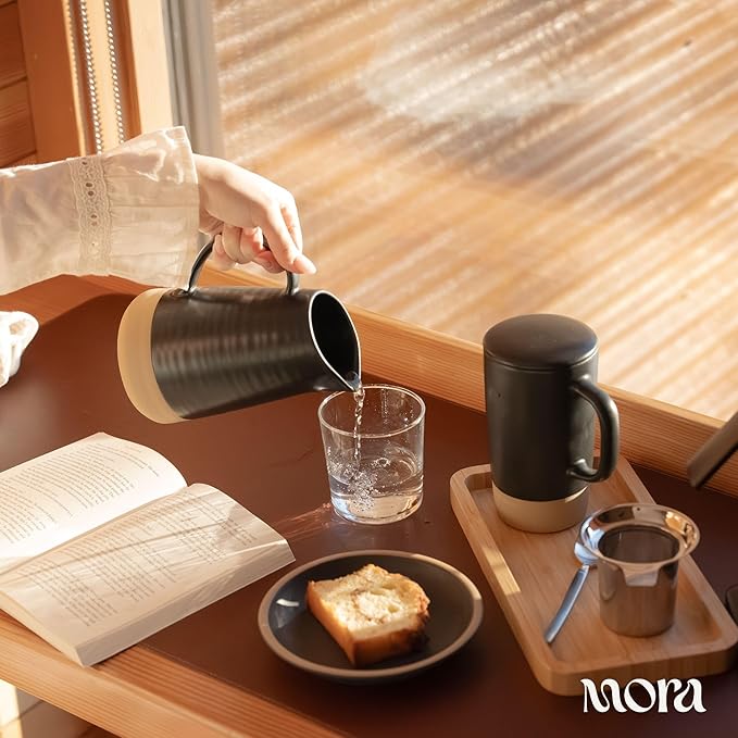 MORA Ceramics Large Tea Mug with Loose Leaf Infuser and Ceramic Lid, 18 oz, Portable, Microwave, Dishwasher Safe, Tall Coffee Cup - Rustic Matte Ceramic Glaze, Modern Herbal Tea Strainer, Liquorice