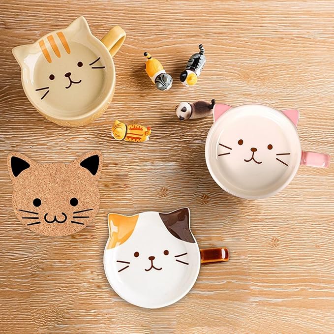 BigNoseDeer 2PCS Cute Mug Kawaii Cat Tea Cup Ceramic Coffee Mug with Lid,Tea Cups and Saucers for Dessert Cute Gifts Cat Lover Gift for Women Anime Christmas Gifts for Women 10oz (Yellow+Brown)