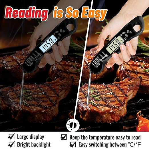 Meat Thermometer, IP67 Waterproof Digital Meat Thermometer with Backlight, Hold Function & Magnet for Grill, BBQ, Candy, Beef,Turkey