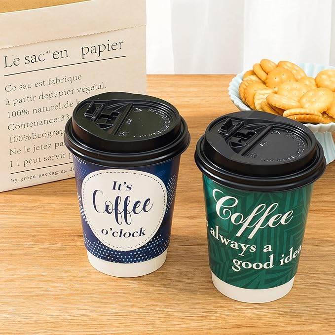 Disposable Coffee Cups with Lids 12 oz, 50 Pack Double-Walled Paper Coffee Cups with Fun Designs, Insulated Hot Beverage Paper Cups for Cold & Hot Drinks