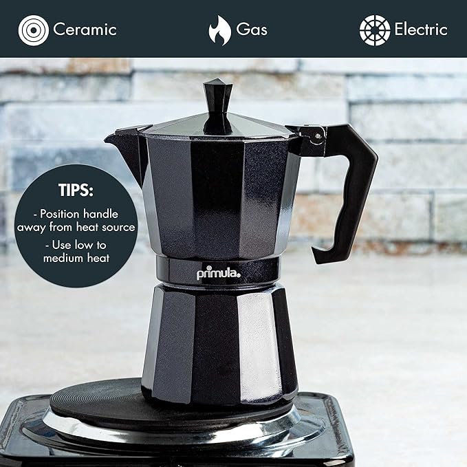 Primula Classic Stovetop Espresso and Coffee Maker, Moka Pot for Italian and Cuban Café Brewing, Greca Coffee Maker, Cafeteras, 6 Espresso Cups, Black