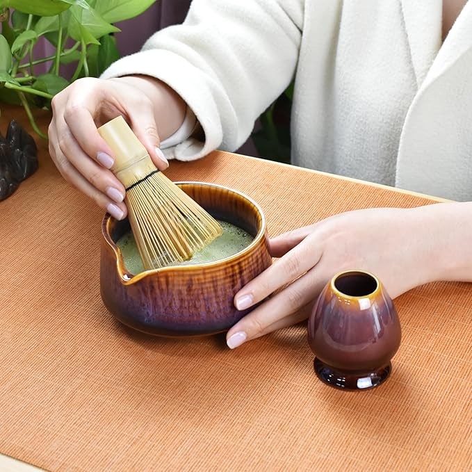 Artcome Matcha Tool Set - Complete Kit with Matcha Bowl with Spout, Bamboo Whisk, Tea Scoop, Whisk Holder, Scoop Holder, Tea Cloth & Powder Strainer, Red-Blue Glaze