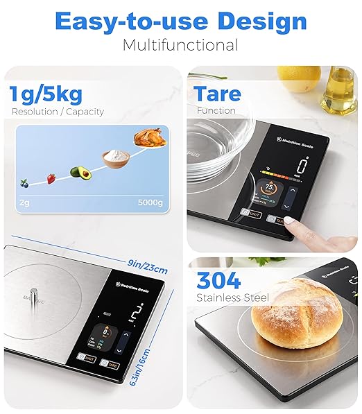 Smart Food Scale with Nutritional Calculator, Calorie Scale for Weight Loss, Free App for Scan, Nutrients Tracking, Food Preload, Color Display with 5 Units, Tare, Stainless Steel, 11lb, Grey