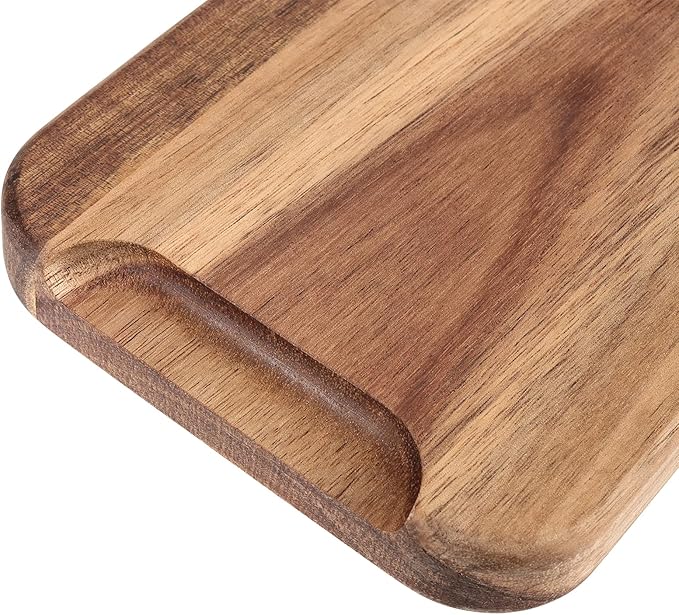 FUNSUEI 11.8 x 5.1 Inches Set of 6 Wooden Serving Platters, Acacia Wooden Serving Trays with Grooved Design, Rectangular Wood Platters for Fruit, Cookie, Bread, Vegetable, Salad
