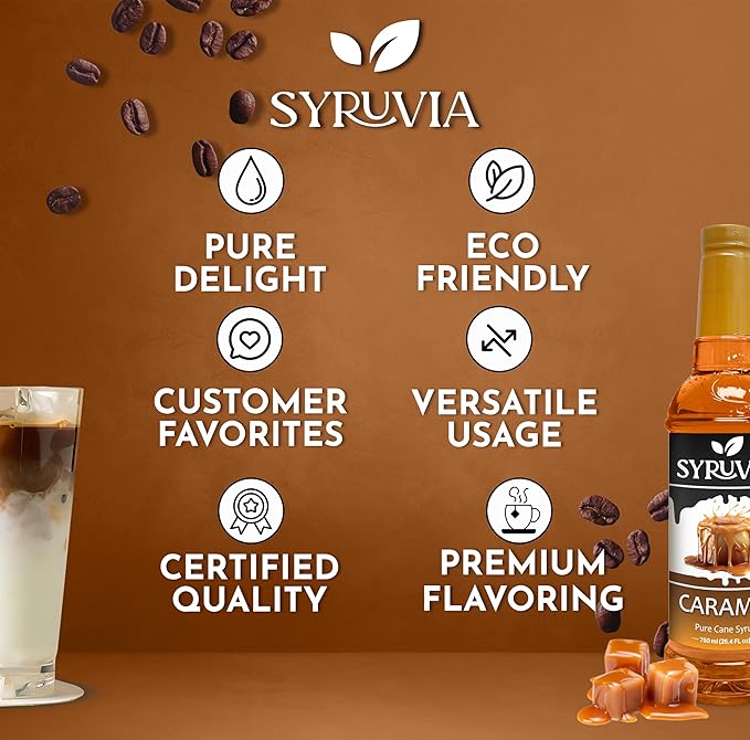 Syruvia Coffee Syrup, Caramel Flavored Syrup for Drinks, Lattes, and Desserts – 25.4 fl oz, With Pump
