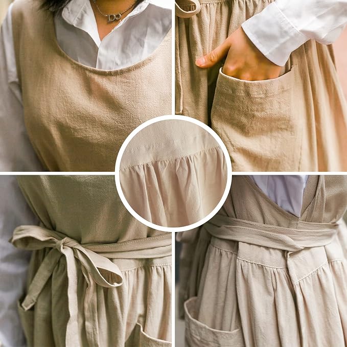 Premium Plus Size Apron Adjustable Waistline Bib Apron,Soft Cotton Blend Apron with Pockets (Cream Color) - Image 5