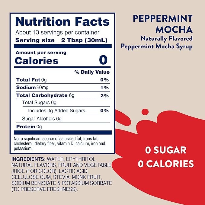 Jordan's Skinny Mixes Sugar Free Coffee Syrup, Peppermint Mocha Coffee Flavoring Syrup, Naturally Sweetened Zero Calorie Drink Mix, Lattes, Baking or Protein Shake, Dairy & Gluten Free, 12.7 Fl Oz