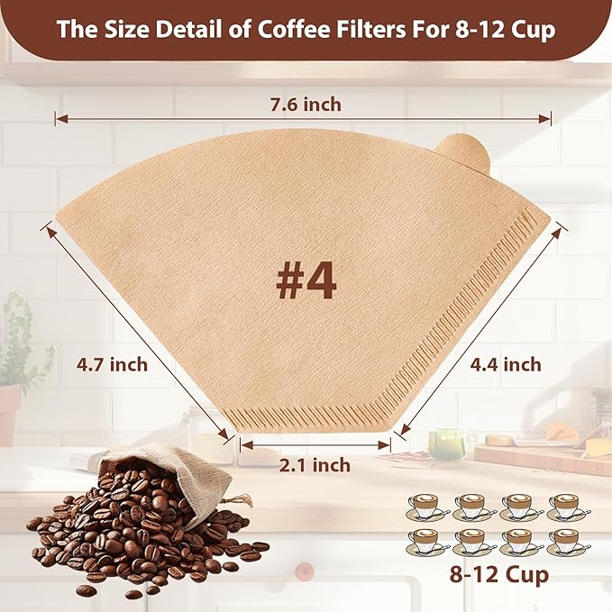200 Count Coffee Filters #4, Disposable Cone Coffee Filters 8-12 Cup, Unbleached Natural Paper Size 04 Paper Filters for Pour Over and Drip Coffee Maker