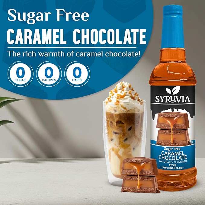 Syruvia Sugar Free Coffee Syrup, Caramel Chocolate Flavored Syrup for Drinks, Lattes and Desserts – 25.4 fl oz, With Pump - Image 3