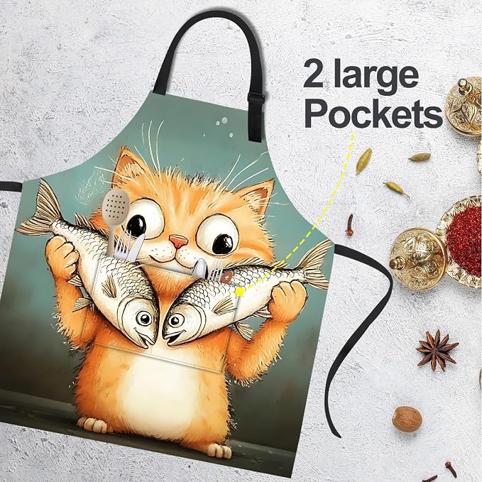 Funny Cat Apron with 2 Pockets Waterproof for Men Women Kitchen Garden Decor - Image 4