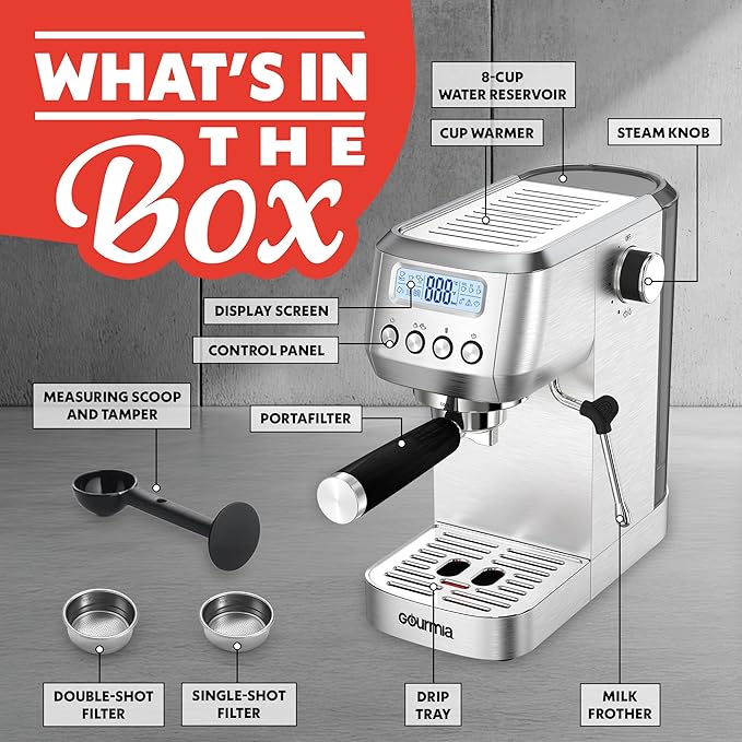 Gourmia Slim Espresso Machine with LCD Screen - Milk Frother, Adjustable Temperature, Manual & Auto Brew, Single/Double Shot, Hot Water Dispenser, Descaling Mode, Compact