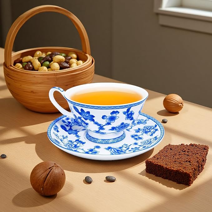 Tea cup and Saucer Set Royal Garden Style Tea Coffee Cup with Saucer 7 Ounces Bone China Teacup and saucer Set (Blue and White)