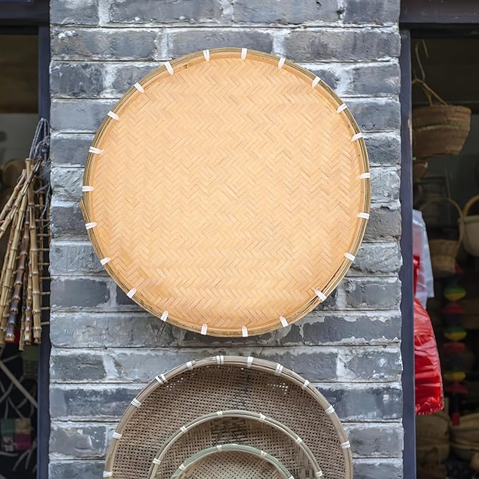 Bamboo Round Woven Tray 16.53X16.53X1.18In Handmade Basket Food Container for Drying Herbs Grains Vegetables Home Kitchen Serving