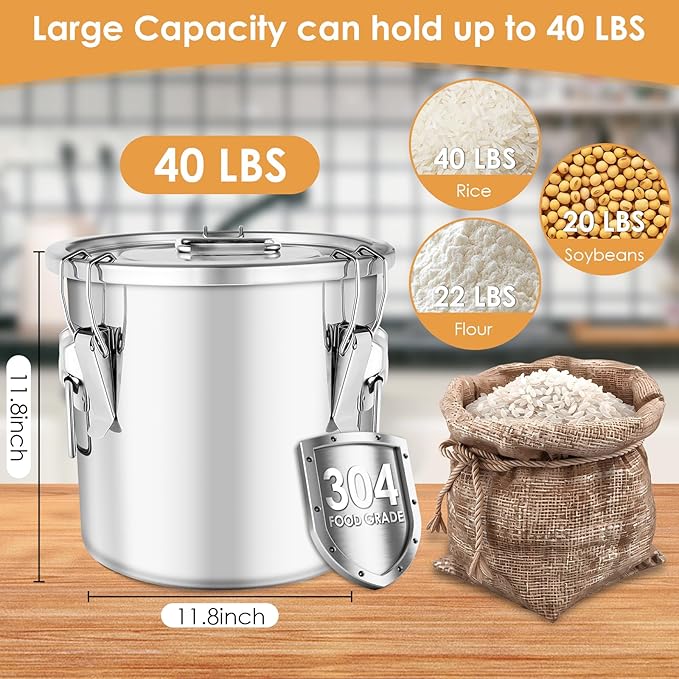 Stainless Steel Containers with Lids,40 lbs Large Capacity Food Storage Containers for Rice Flour Sugar Grain Coffee Bean,Airtight Canister for Kitchen & Pantry Organization